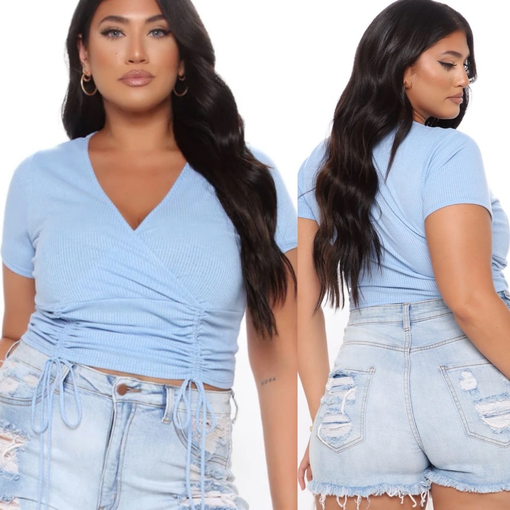 Ribbed and Ruched Blue Crop Top- 2X